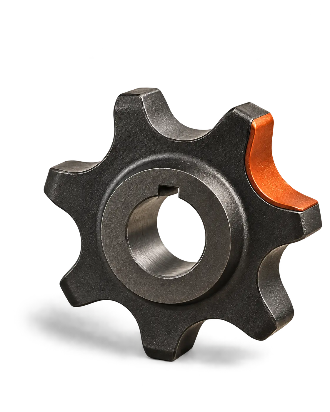 A custom Sprocket drive wheel with one orange connection point